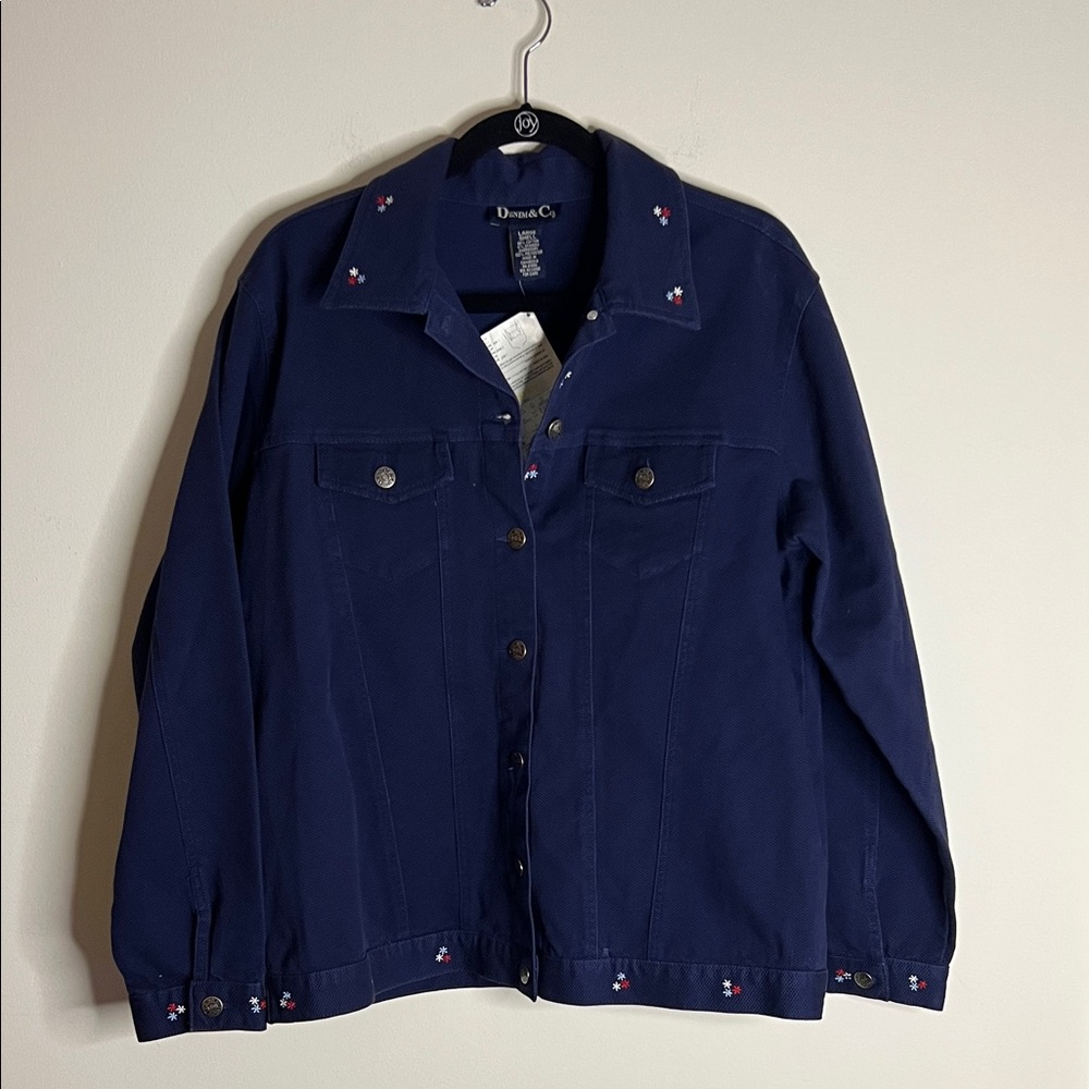 Y2K NWT Denim & Co Blue Women’s Floral Jacket Embroidered Large Button Up